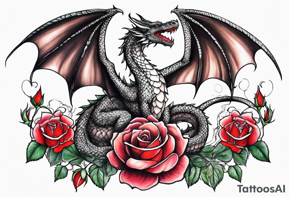 Mother dragon with wings spread two baby dragons and roses tattoo idea