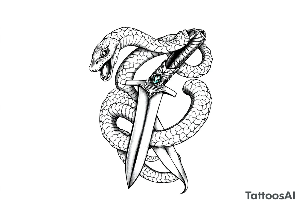 mystical snake coiled around an ancient dagger with jeweled hilt tattoo idea