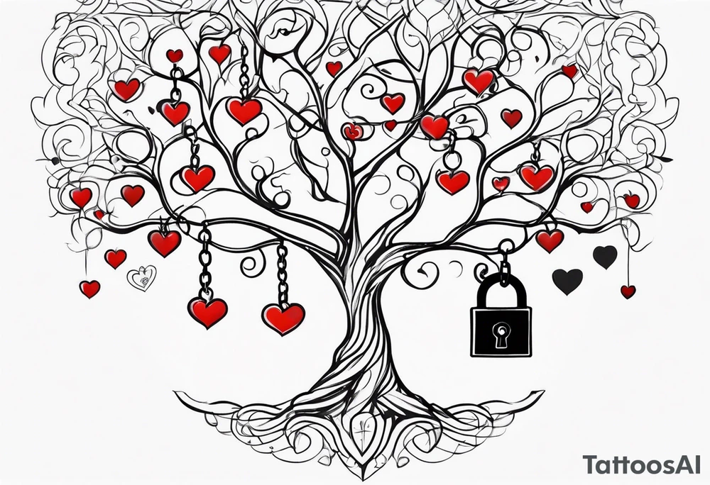 Family tree with lock and hearts tattoo idea