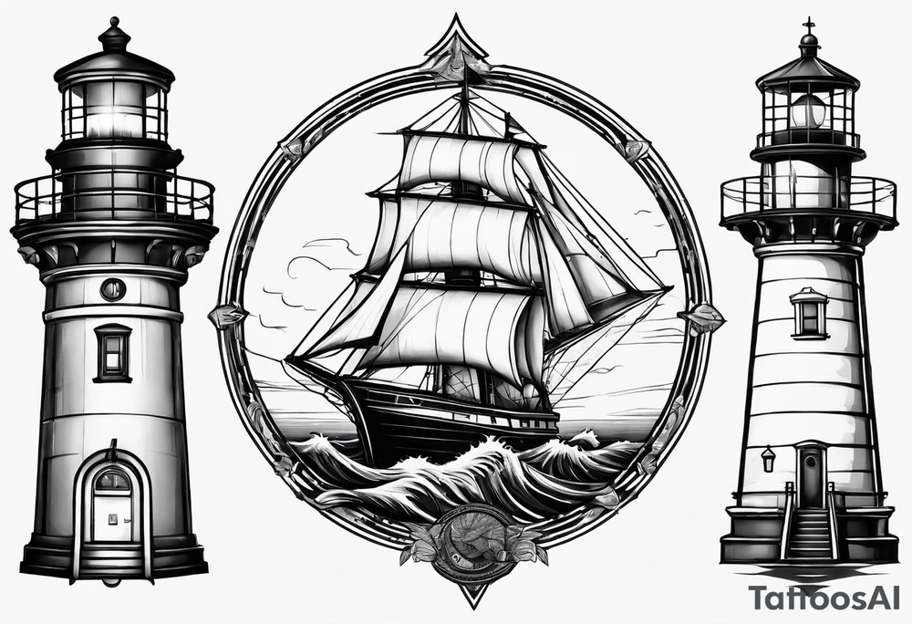 maritime lighthouse with 2 large sails attached. tattoo idea