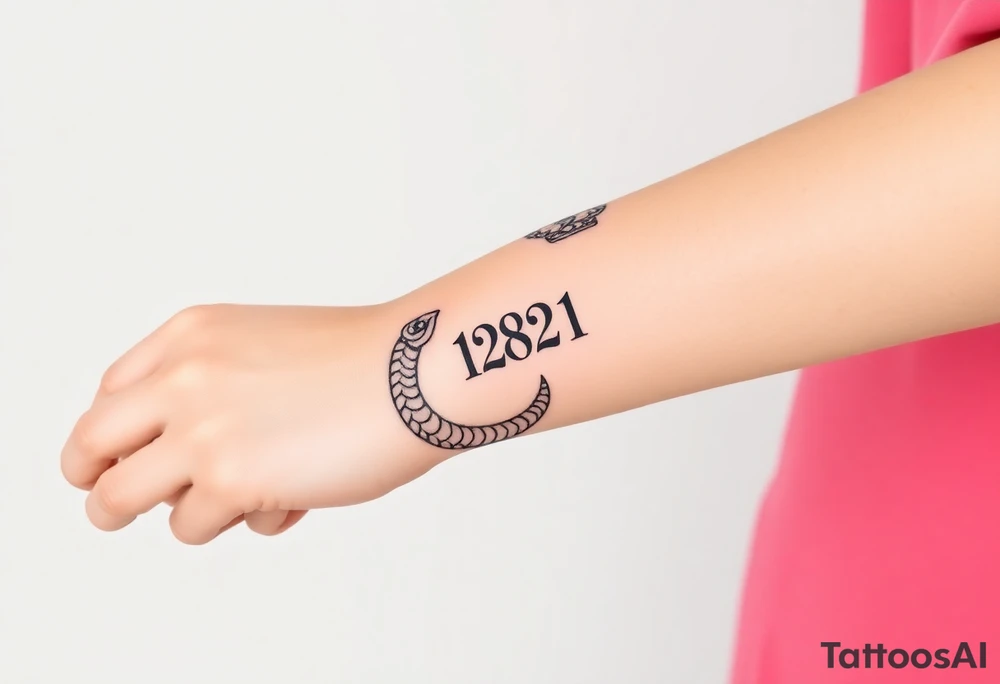 I want a small simple silhouette lines black and white wrist majestic royal snake tattoo that has number 12821 on its body along and also I want it to represent feminine energy crown queen Cycle tattoo idea