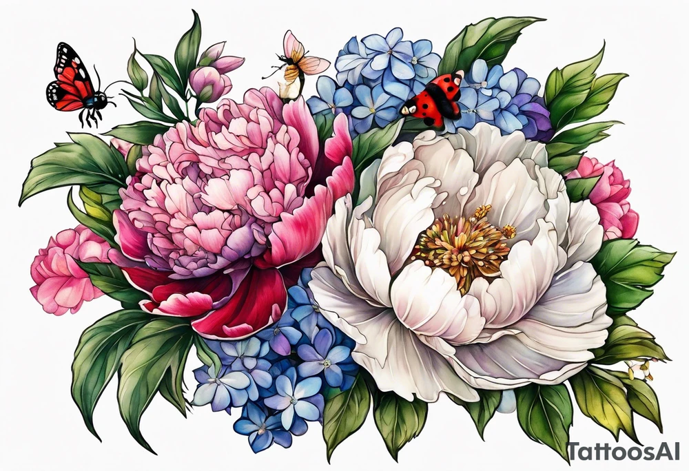 Vibrant peony with hydrangea and petunias and blossoms and foliage and a ladybug and a bee tattoo idea