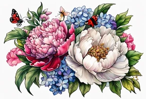 Vibrant peony with hydrangea and petunias and blossoms and foliage and a ladybug and a bee tattoo idea