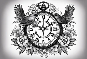 combination of a nautical compass and a old school clock face, and a doctor bird and tree of life and decorated with lignum vitae flowers, 3/4 sleeve on arm, flowing down the arem tattoo idea