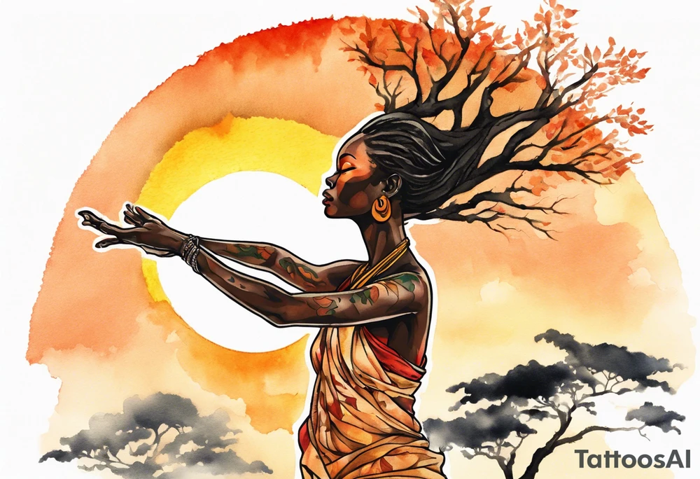 a tree woman reaching towards a blazing sun in the sky, african woman tattoo idea