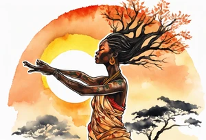 a tree woman reaching towards a blazing sun in the sky, african woman tattoo idea