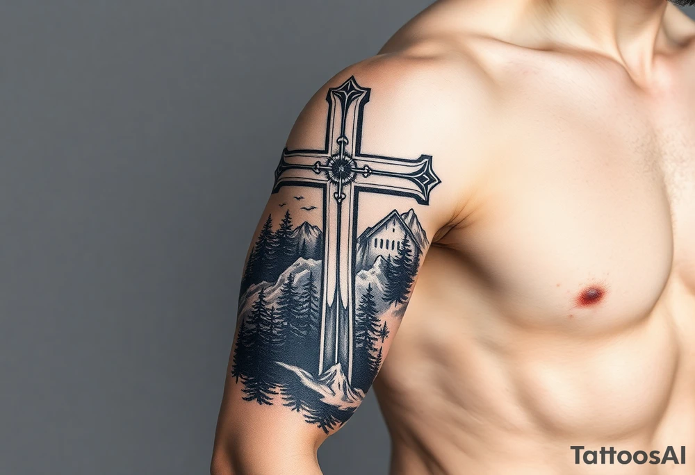 russian christian orthodox cross with the diagonal line at the bottom with a light forrest with a light mountainous setting tattoo idea