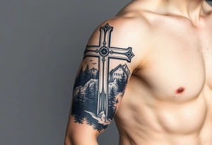 russian christian orthodox cross with the diagonal line at the bottom with a light forrest with a light mountainous setting tattoo idea