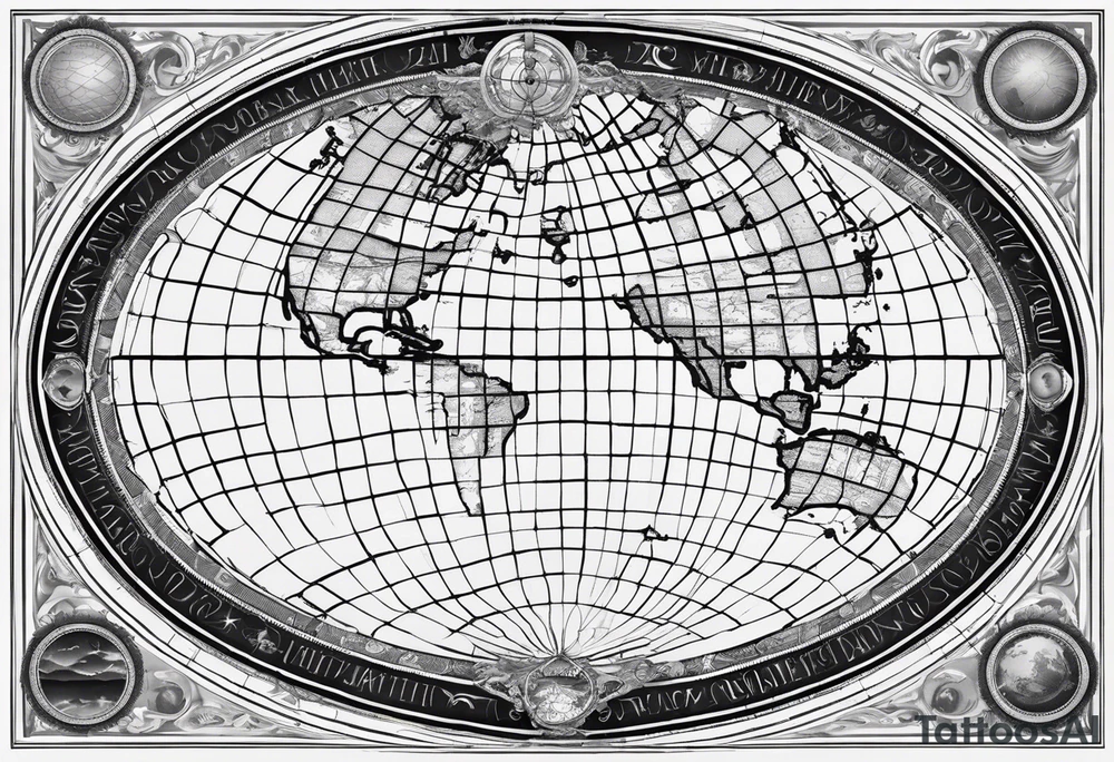 the earth on a flat map with light fading shading placed on a grid with only the lines with accurate depictions of the borders in countries while having it in an oval/circular position on a grid without any borders on the sides tattoo idea