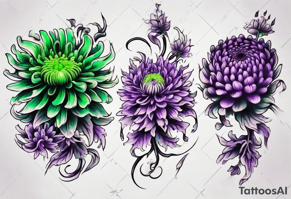 chrysanthemum Sleeve purple and neon green tattoo idea