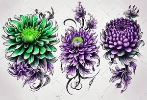 chrysanthemum Sleeve purple and neon green tattoo idea