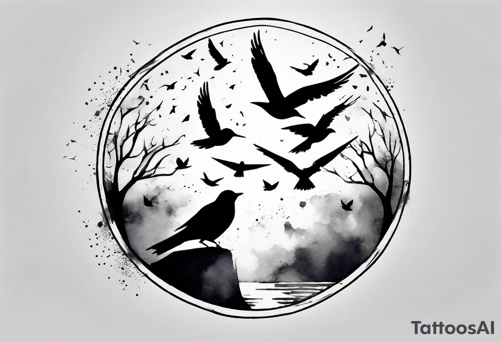 shoulder tattoo with light rays with birds flying free among the clouds, round shape, 3d effect tattoo idea