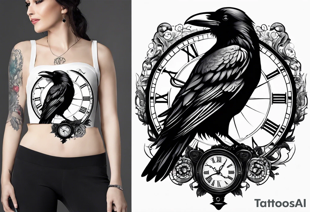 raven perched on clock tattoo idea