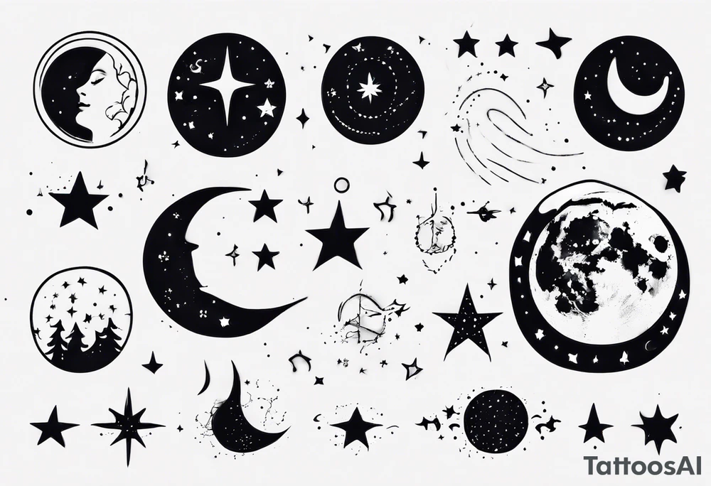 Night sky with moon and stars and constellations tattoo idea