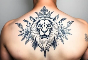 powerful majestic lion with a crown, surrounded by floral ornaments and birds tattoo idea