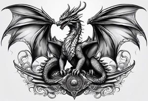 Mother dragon wings spread with 3 baby dragons tattoo idea