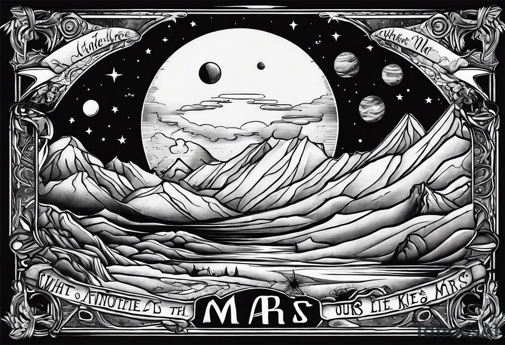 mars with the words "what's another night on mars, with friends like ours?" in a banner across tattoo idea