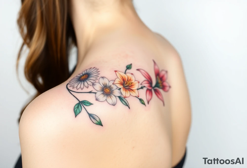 This tattoo is on a woman. It is a line of flowers connected by a single stem. It starts on her left pectoral with a Glaiolus and Daisy together, then the tatoo rises over the left shoulder and down the arm and ends at the elbow. The tattoo will include a primrose, Calla Lily, and a Lilly. It will be light on color except in the petals and has light shading to make it pop. tattoo idea