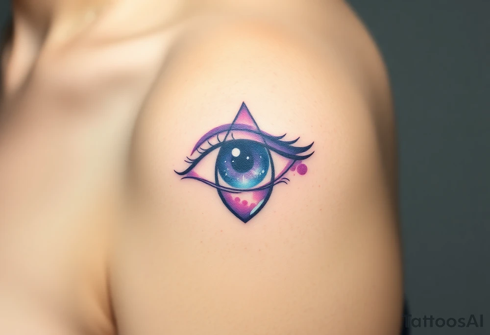 Teary eye with a teardrop with a galaxy swirling inside, in a gradient from violet to indigo tattoo idea