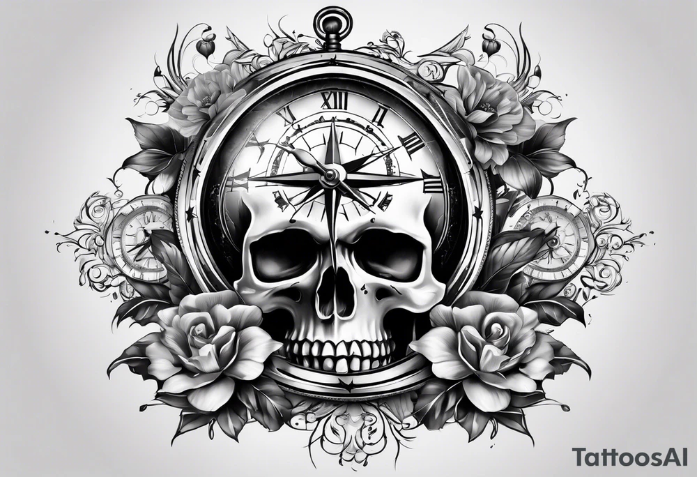 clock and compass and skull with no flower tattoo idea