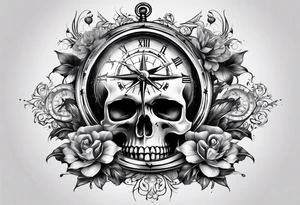 clock and compass and skull with no flower tattoo idea