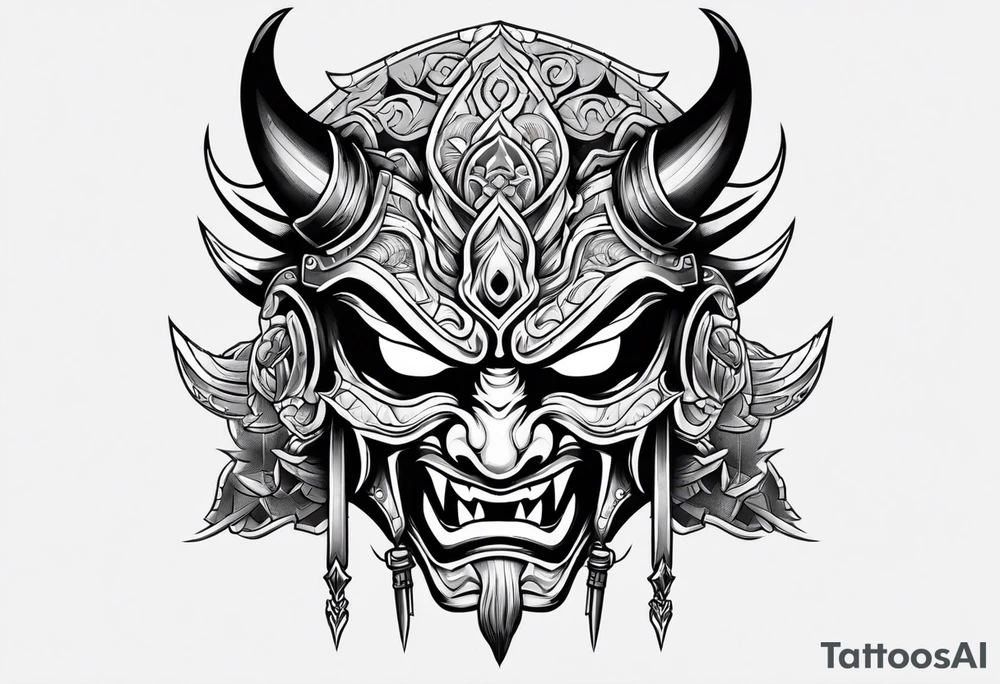 Oni mask with glowing eyes with two swords tattoo idea