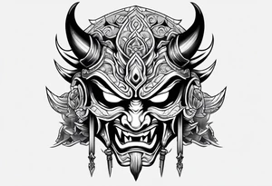 Oni mask with glowing eyes with two swords tattoo idea