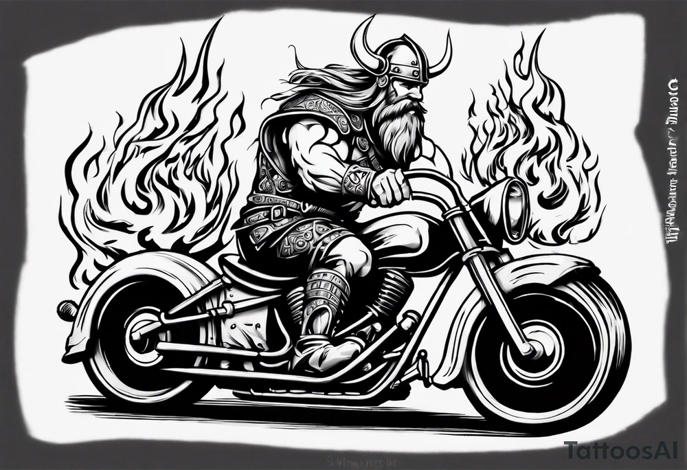 I want a detailed tattoo of a viking with flames driving an old motorcycle and i want the name “Viking Customs” to be in the tattoo tattoo idea