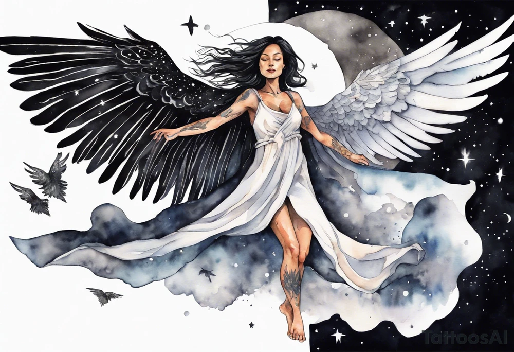a beautiful 45 year old woman flying in the night sky with black wings, wearing a black and white cloak, bare feet tattoo idea