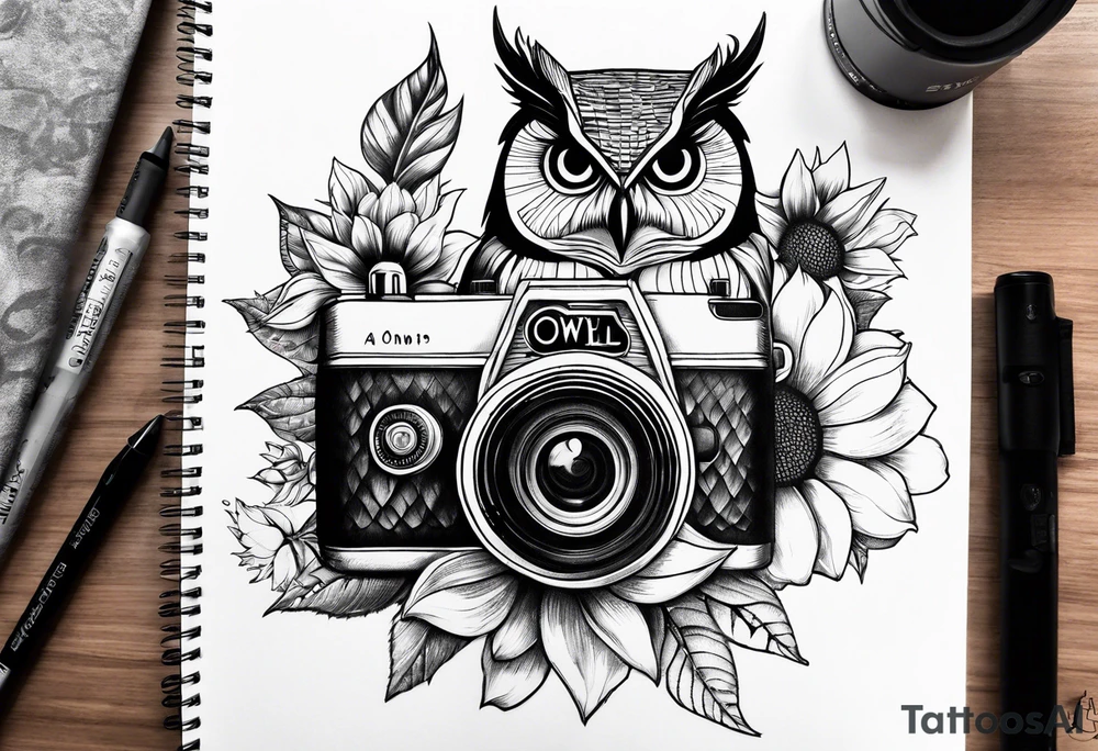 Sunflower, camera, book, owl, flower rose tattoo idea