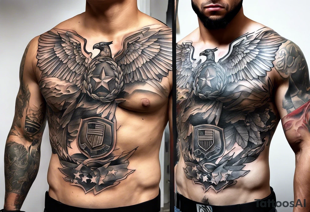 Ripped skin with a U.S. Army uniform under it on the chest tattoo idea