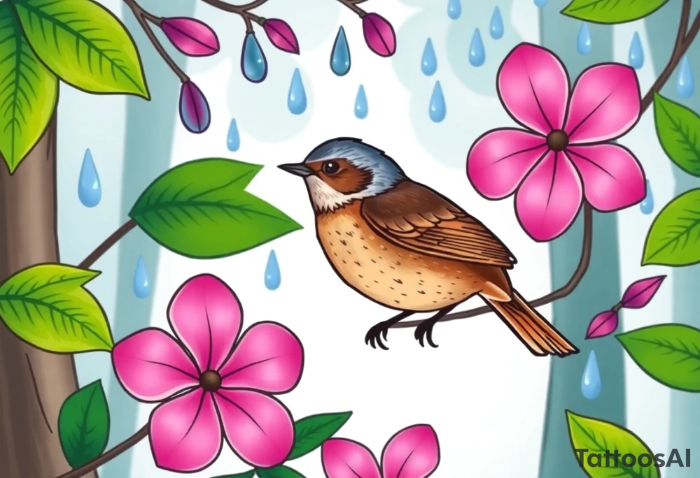 green forest background
blue rain drops
pink camelia flower
blue brown wren bird tattoo idea