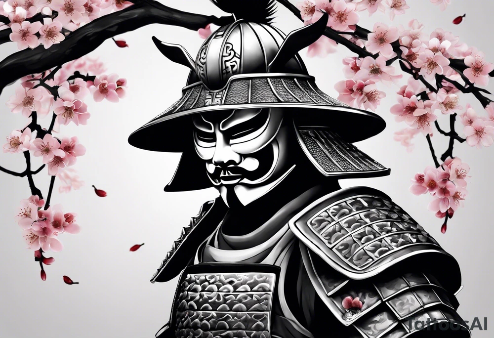 Create a black and white image that incorporates the following: A samurai helmet with a traditional samurai face mask and body armor turned slightly to the side, a decorated Japanese body armor below the mask with the samurai’a hand in his sheathed sword and cherry blossoms scattered tattoo idea