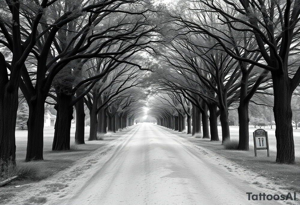 Tree-lined dirt road. Road is rough, little shoulder. Deciduous trees arch across it, meeting in the middle. 

Road should be rougher, more rural. Branches start lower. The trees in the foreground should be bigger — perspective has road getting smaller. 

Make the trees leafier. Branches begin lower on the trunk tattoo idea