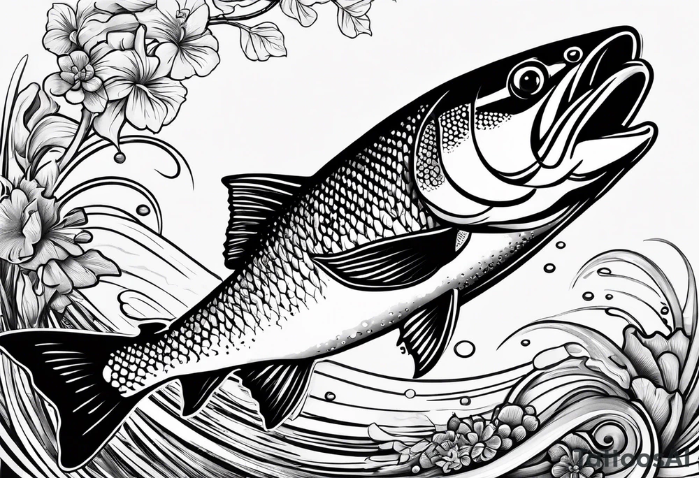 A shaded trout with text that says, 'Como la trucha...' tattoo idea