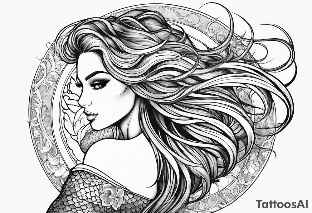 sexy full bodied mermaid with long 
flowing tail and hair, tattoo sleeve tattoo idea
