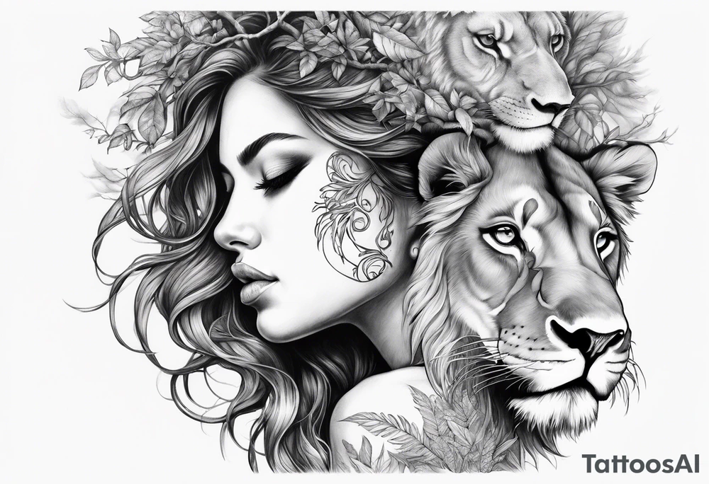 Forest goddess looking down side profile  tree branches forming her face with smoke a full male lions head facing her as to protect her middle arm sleeve tattoo idea