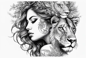 Forest goddess looking down side profile  tree branches forming her face with smoke a full male lions head facing her as to protect her middle arm sleeve tattoo idea