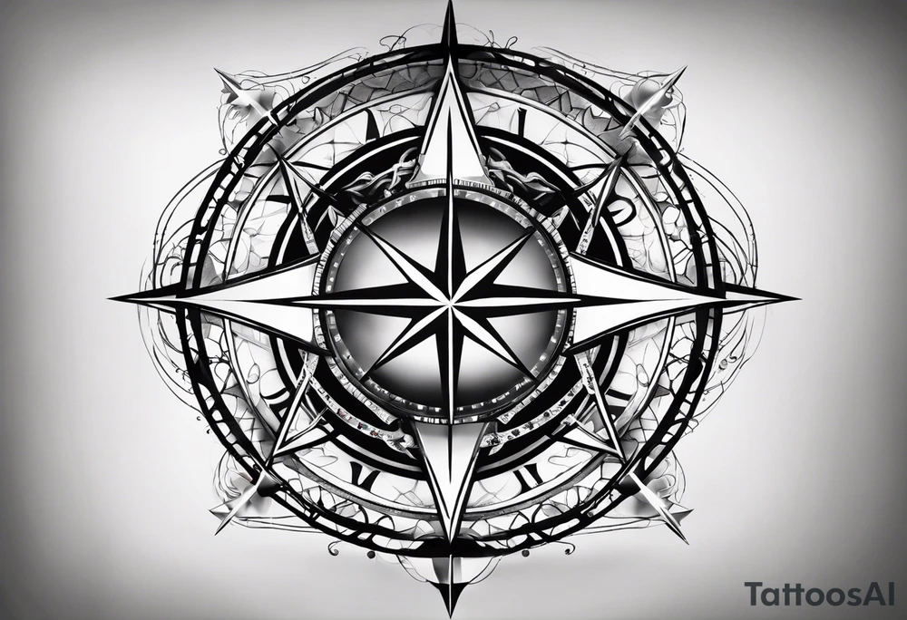 Create a tattoo sketch that visually represents the concept of us having no control of our genetics and free will, and the struggle a mind has with this. Concepts that are fine to include is time, compass rose, dna, breaking chains and consciousness itself. The sketch should have concepts blend and flow into each other. It should be aimed to fit in the left side of a man’s chest, possibly extending a bit up the elbow. tattoo idea