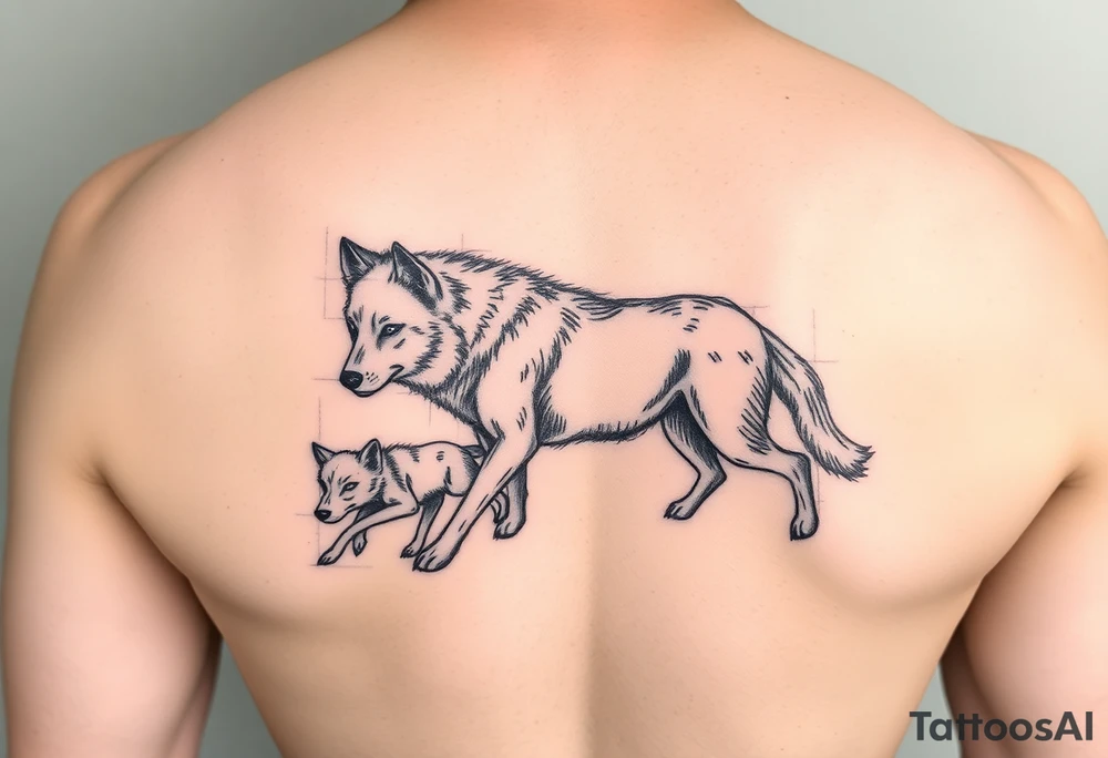 A solitary yet sublime and noble wolf and its progeny. tattoo idea