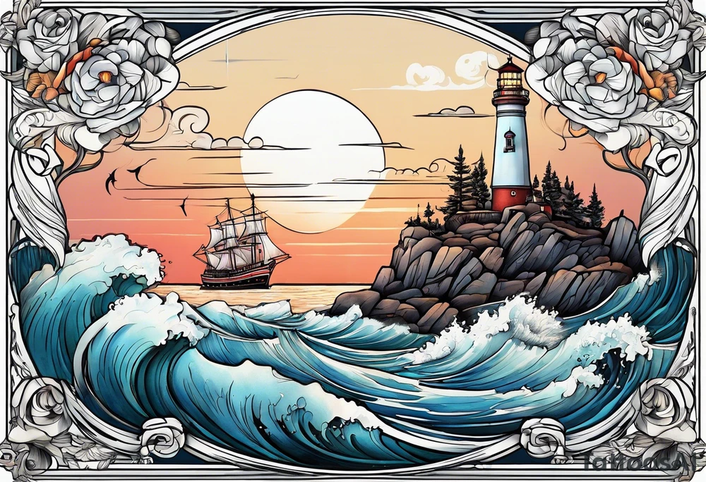 Combination of ship, sea, lighthouse and 1966 tattoo idea