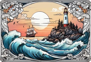 Combination of ship, sea, lighthouse and 1966 tattoo idea
