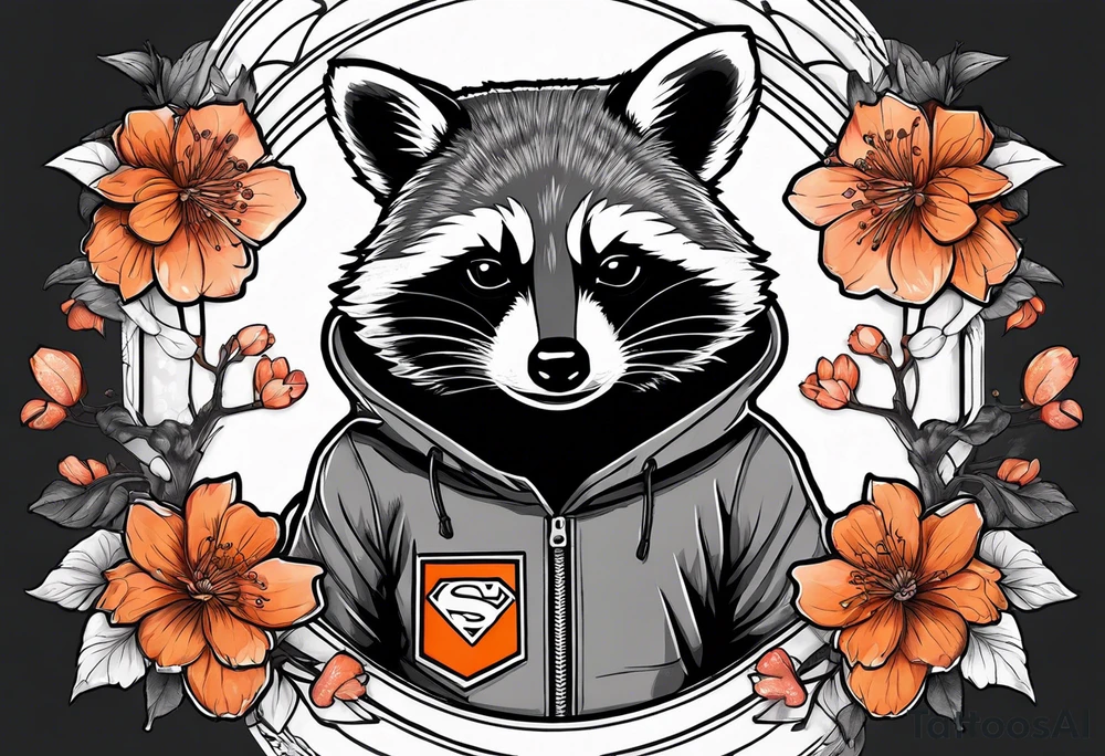 raccoon wearing a black and white Superman hoodie and orange Japanese cherry blossoms tattoo idea