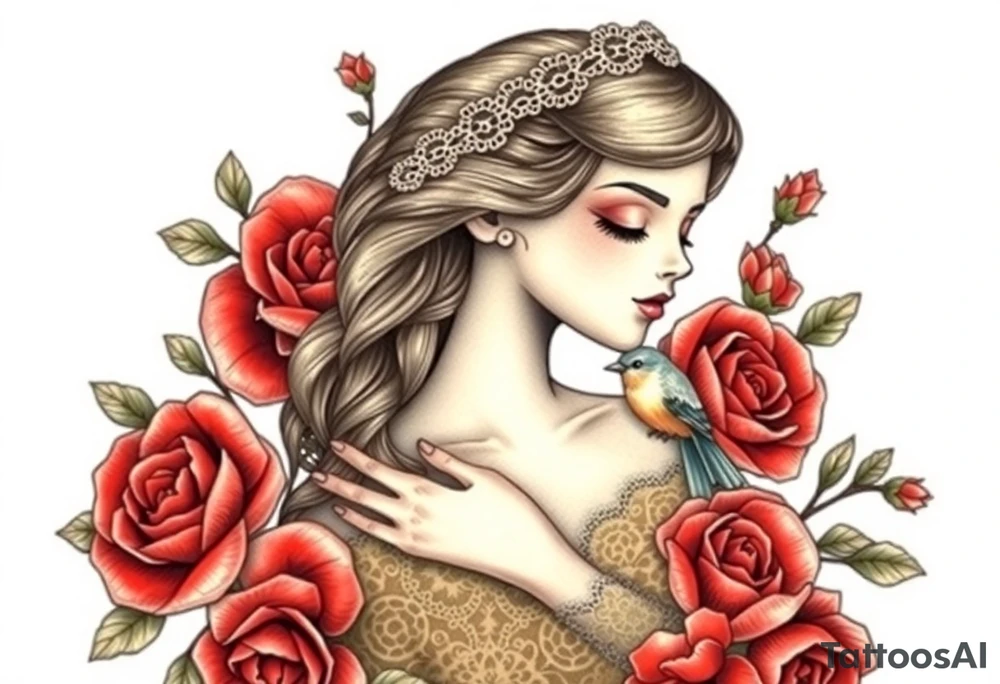 Vintage dollies, red roses, lace, red bird, vintage, wrap around, no person tattoo idea