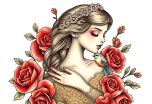 Vintage dollies, red roses, lace, red bird, vintage, wrap around, no person tattoo idea