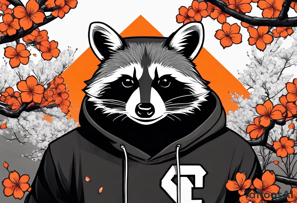 Raccoon wearing a white Superman logo on a black hoodie and orange Japanese cherry blossoms tattoo idea