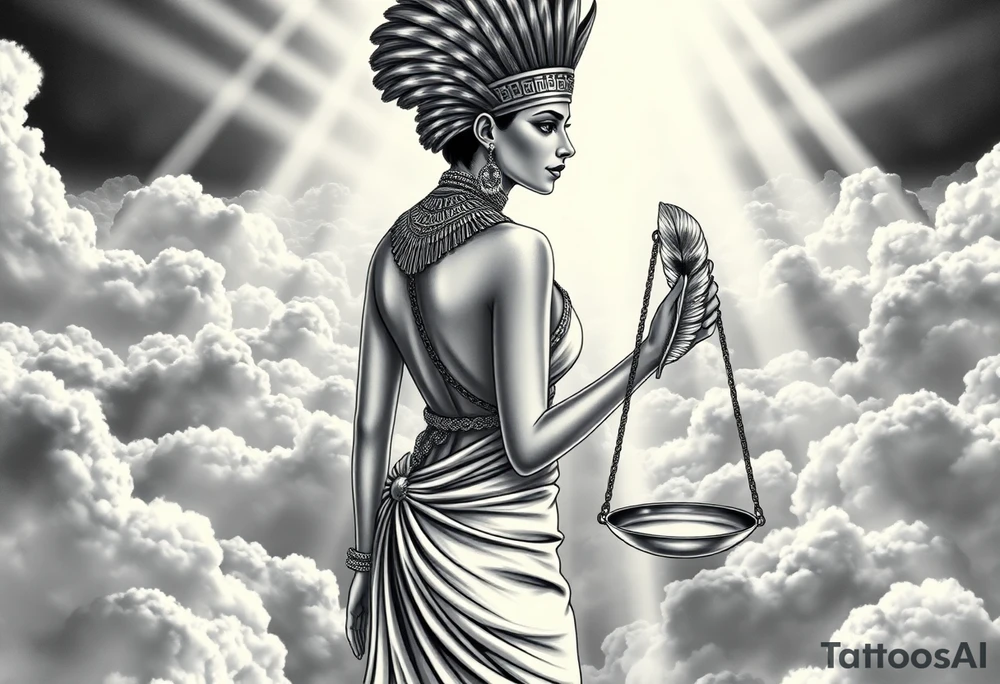 beautiful Egyptian goddess stands with her back slightly turned, accentuating her figure. Wearing a silk gown. She wears an elaborate ostrich feather headdress and ornate, intricate ancient Egyptian jewelry draped across her body. Her expression is mysterious and confident. In one hand, she holds the Scales of Justice: one side holds a radiant, glowing heart; the other, Ma’at’s feather. The scales themselves shimmer with an otherworldly light.
The background is a surreal, heavenly landscape filled with luminous clouds and beams of divine light piercing through, creating dramatic contrasts of deep shadows and highlights. The entire scene is bathed in an ethereal, mystical glow, with a dreamlike, almost supernatural atmosphere. tattoo idea