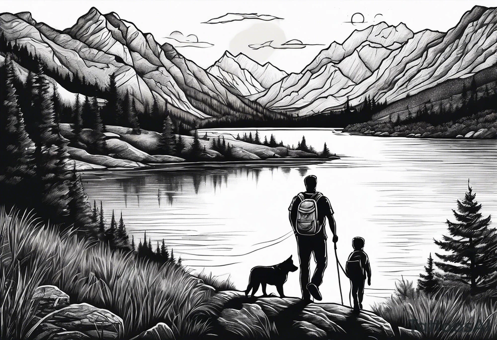 nature, sunset, mountains, a father and son hiking with their dog and cat by the water tattoo idea