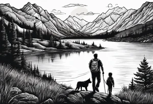 nature, sunset, mountains, a father and son hiking with their dog and cat by the water tattoo idea
