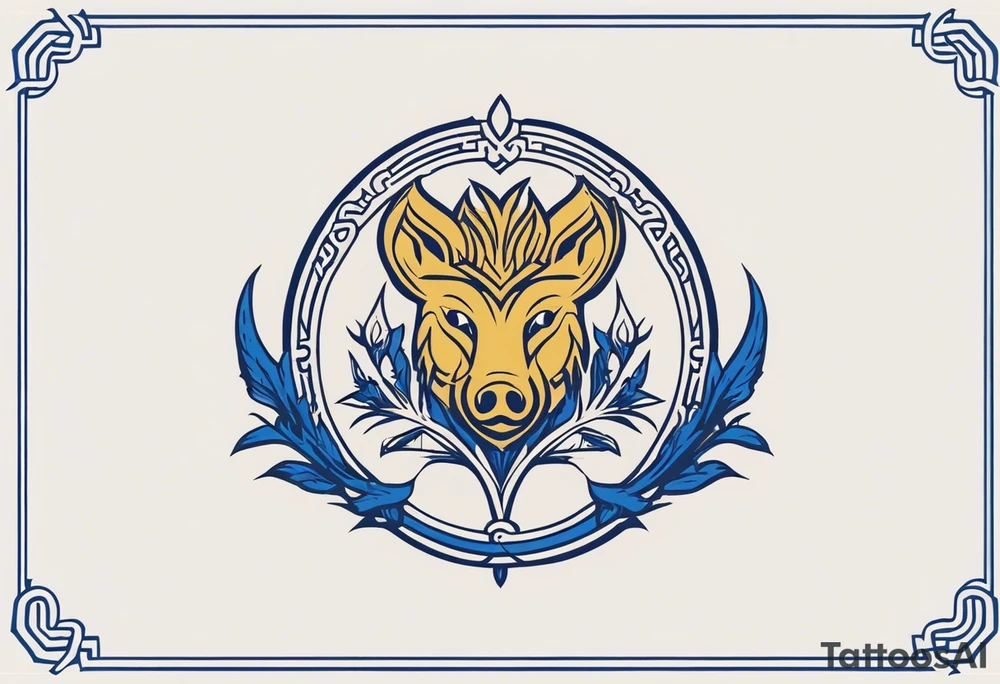 A classic tribal Celtic boar Integrated with a Chatwin, family crest and a Thistle. Simple with few lines. Blue and gold Chevron Chatwin family crest With the name, Chatwin and a Thistle tattoo idea